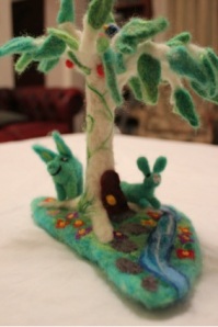 Needle-felted Fairy Tree with Bluebird of Happiness & Zombie Pig & Rabbit. Wool.